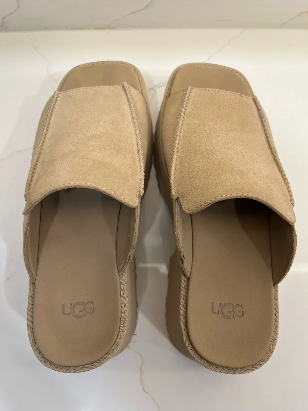 UGG Suede Platform Slide Sandals Camel Tan Square Toe Wedge Slides Sz 9